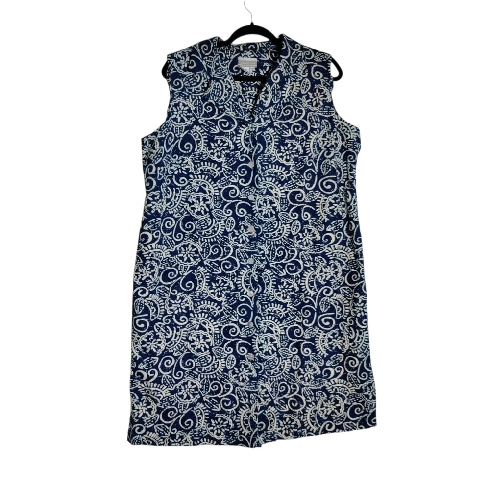Coldwater Creek Womens 20 Blue‎ White Batik Linen Rayon Sleeveless Shift Dress